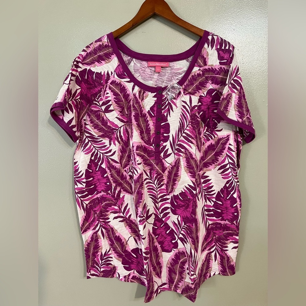 Women Within 100% Cotton Purple Leaf Print Women's Boho Henley Top Size L New